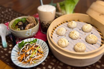 Xiao Long Bao, Chicken vermicelli with mushroom and sesame oil, Tofu strips salad, Bubble milk tea. Taiwan Traditional Delicacies Experience-A (Taipei Cooking Class)