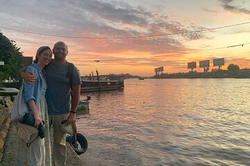 Boat tour on Mekong river see the sunset, small canal, Vegan dinner, street food