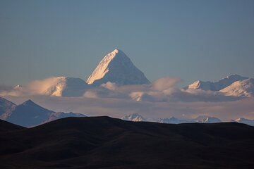 View to Khan Tengri peak, Charyn canyons and spruce forest