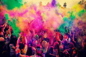 Tajmahal and sunlight with Holi celebration